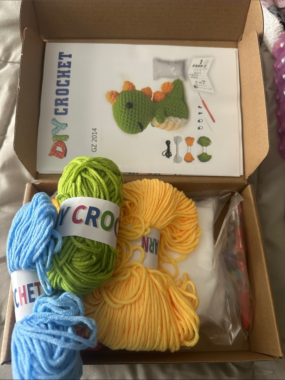 DIY Crochet Amigurumi Kit with Blue, Lime Green & Yellow Yarn